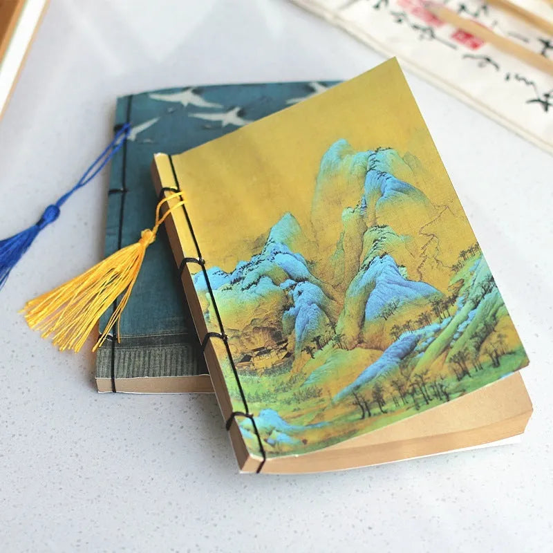 A5 antique wire-bound notebook with a retro famous painting cover on white cowhide, shown open on Kraft paper pages.