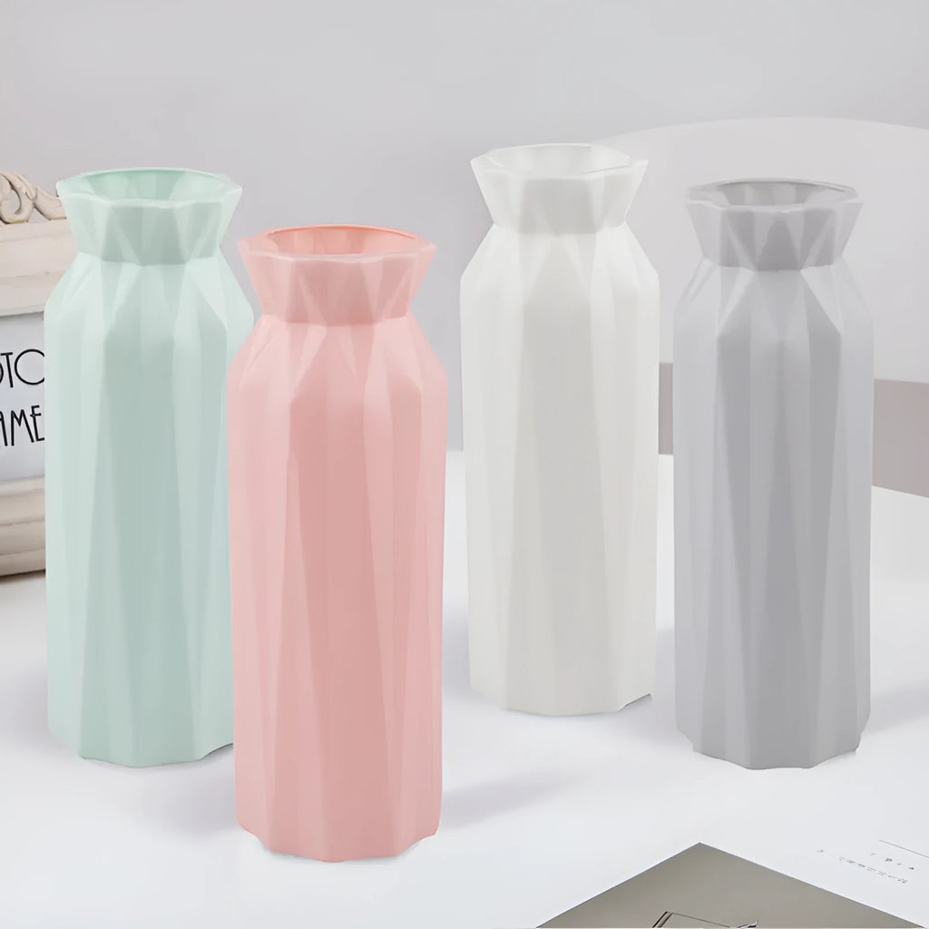 Drop-resistant melamine plastic vase in green, grey, pink, or white with a 7.2 cm base.