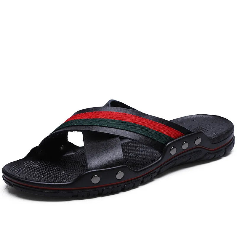 Men's cowhide beach sandals with non-slip PU sole in black, blue, or white colours