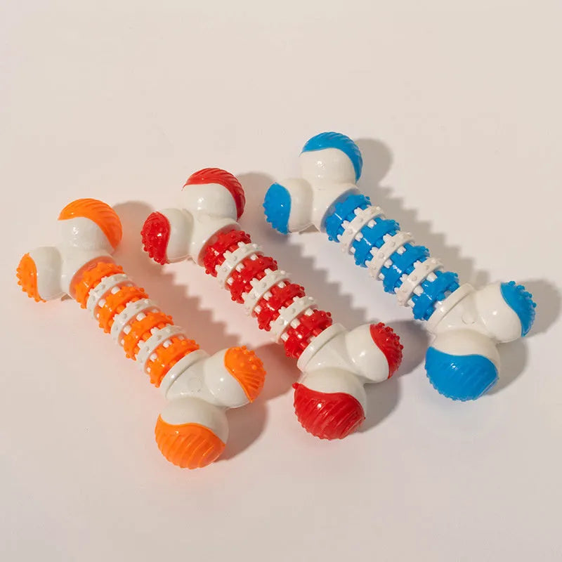 Blue bone-shaped rubber dog toy with treat hole for small breeds on a white background.