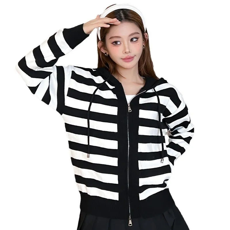 Women's striped contrast colour knitted hooded zipper cardigan in black cashmere blend loose fit casual coat