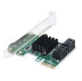 Green PCIe to SATA3.0 extension card with four SATA ports, PCIe x1 interface, 2U baffle, 120mm x 65mm x 56mm.