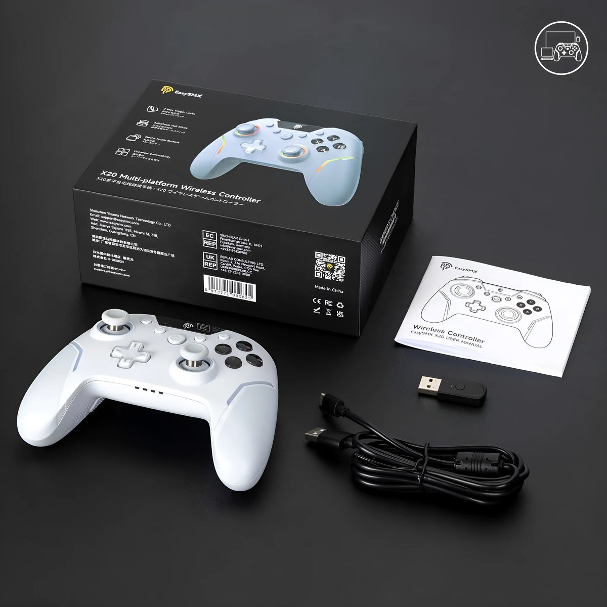 Gray White wireless Steam Elite controller with ABS PC body, 15.30 x 10.20 x 5.60cm, USB interface.