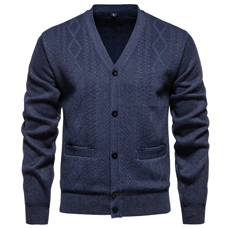 Men's striped long-sleeve cardigan sweater in brown, shown on a hanger.