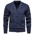 Men's striped long-sleeve cardigan sweater in brown, shown on a hanger.