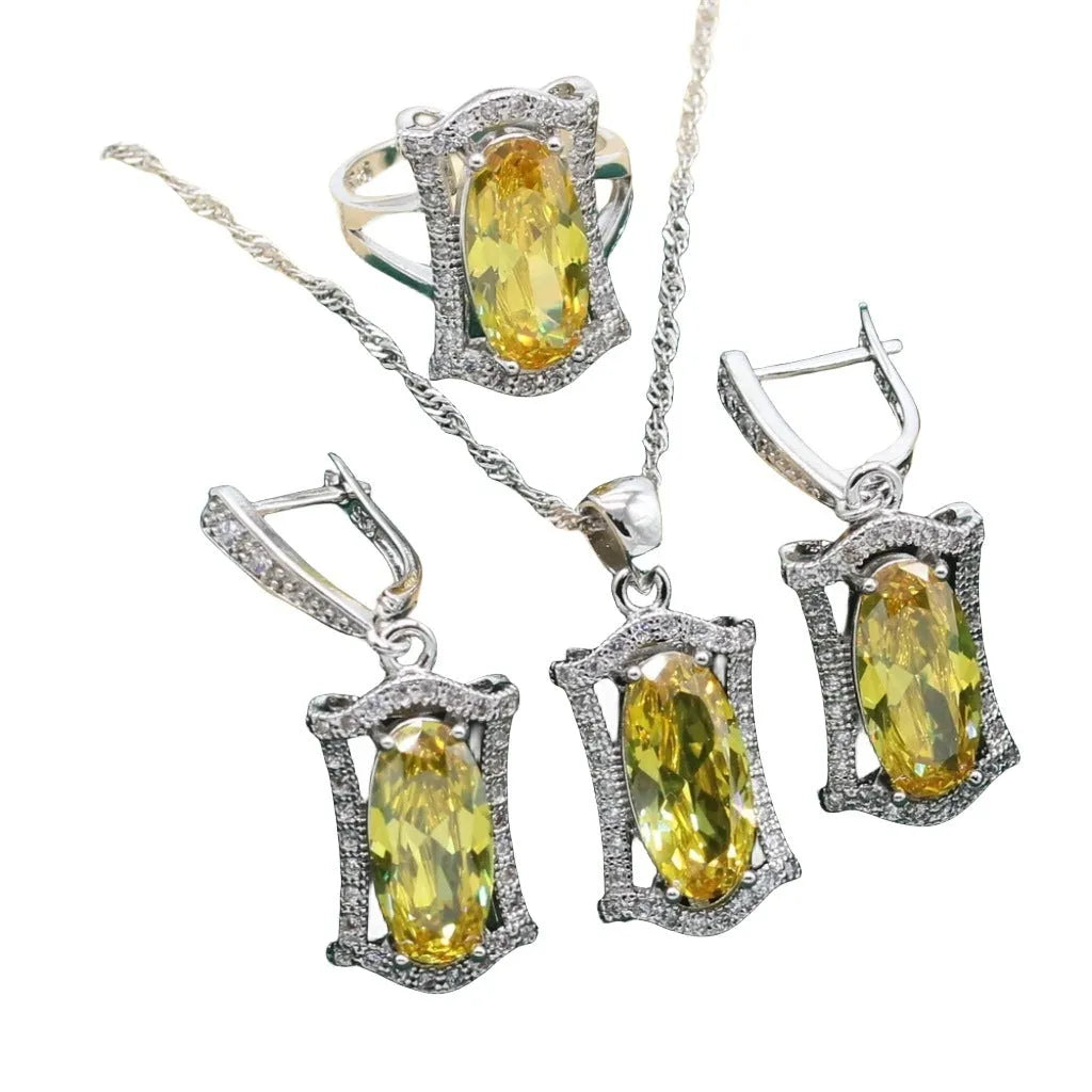 Anti-allergy alloy zircon jewellery set showing necklace, earrings, ring and bracelet in yellow or olive colours