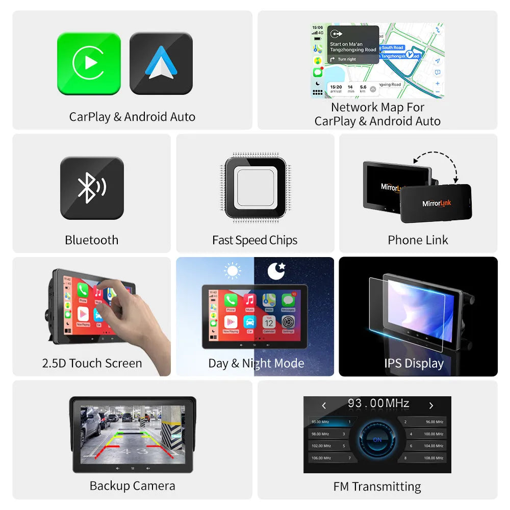 A 7-inch universal wireless CarPlay display with suction cup mount on a car dashboard.