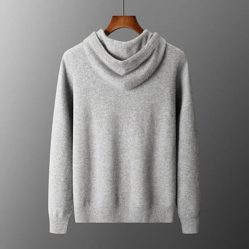Men's light grey cashmere hooded sweatshirt and long pants casual winter set laid flat.