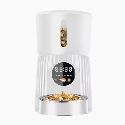 Black automatic pet feeder with digital LCD screen and large food container.