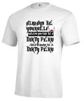 Men's solid white short-sleeve t-shirt with a printed graphic, straight cut, on a hanger.