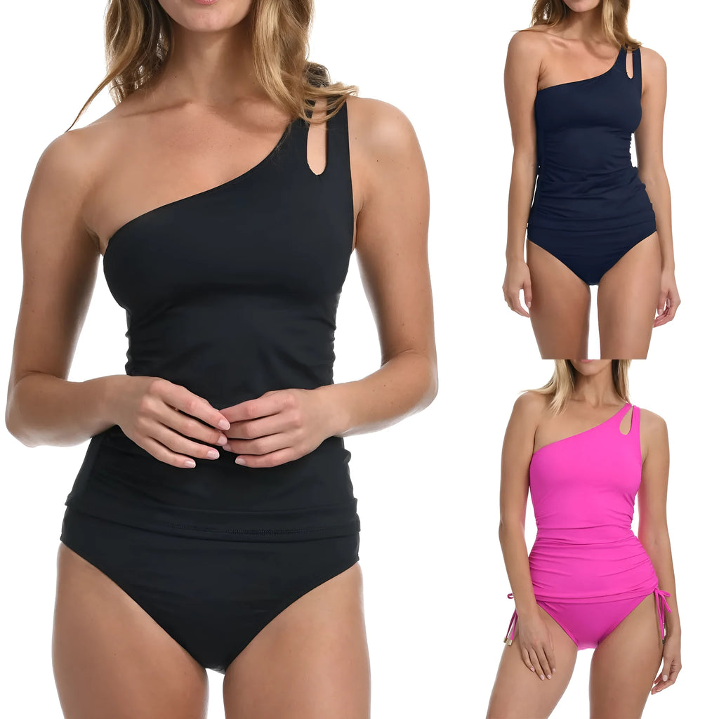 Women's halter shoulder one-piece swimsuit in solid black colour on a mannequin.