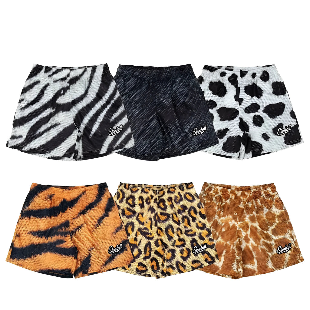 Men's leopard print quick-dry fitness training shorts on a white background