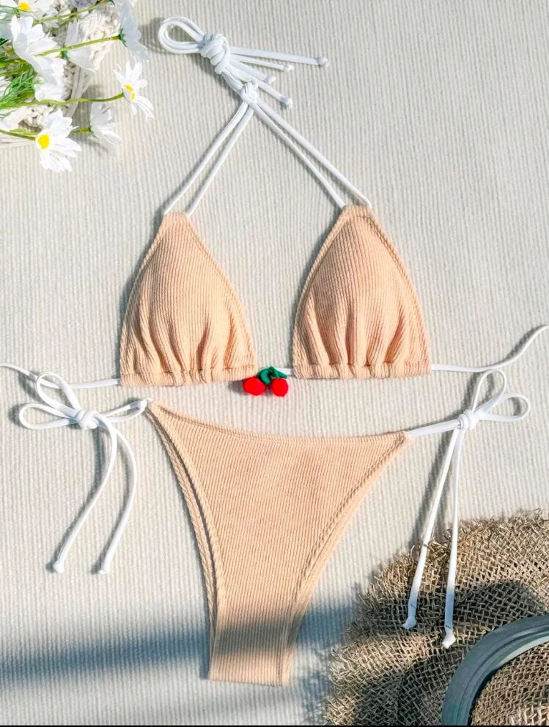 Nylon fabric bikini swimsuit two-piece set in solid colour design available in five colours