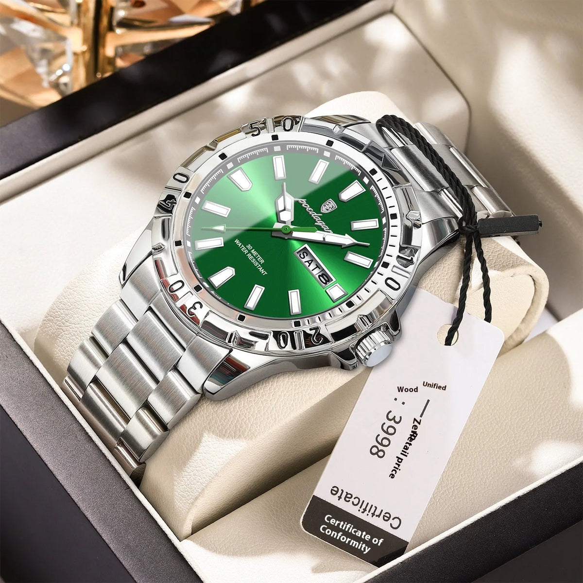 Men's waterproof luminous watch with 6mm thin case and steel belt strap in silver, gold, or black.