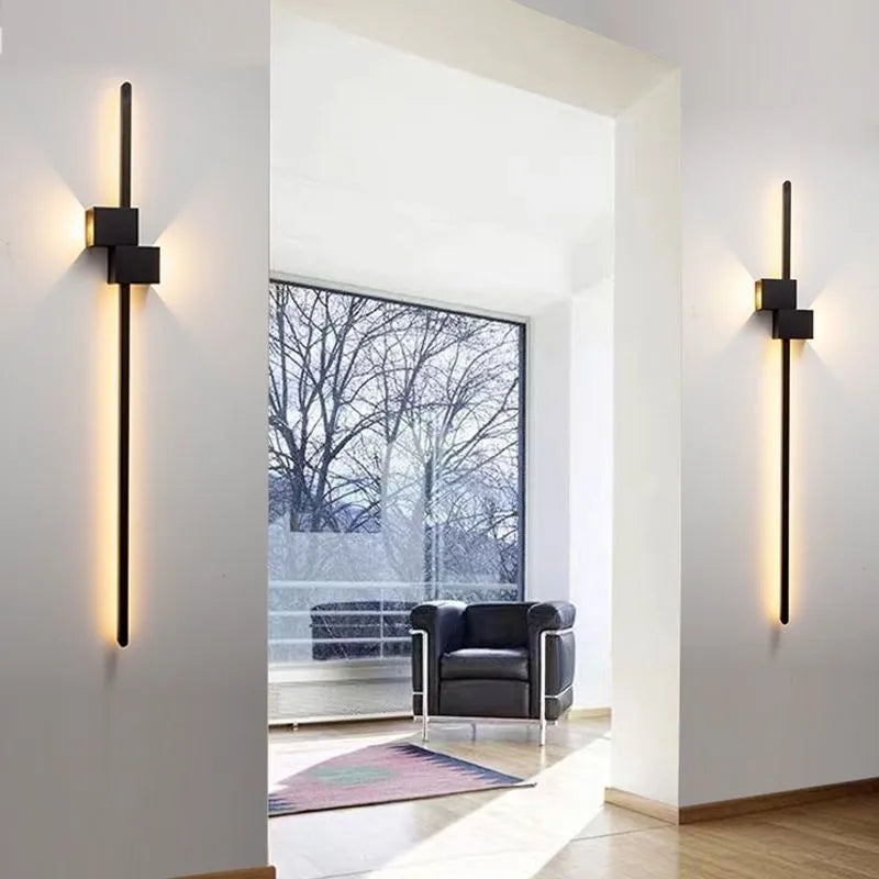 Minimalist black line wall lamp 60cm length mounted on bedroom wall