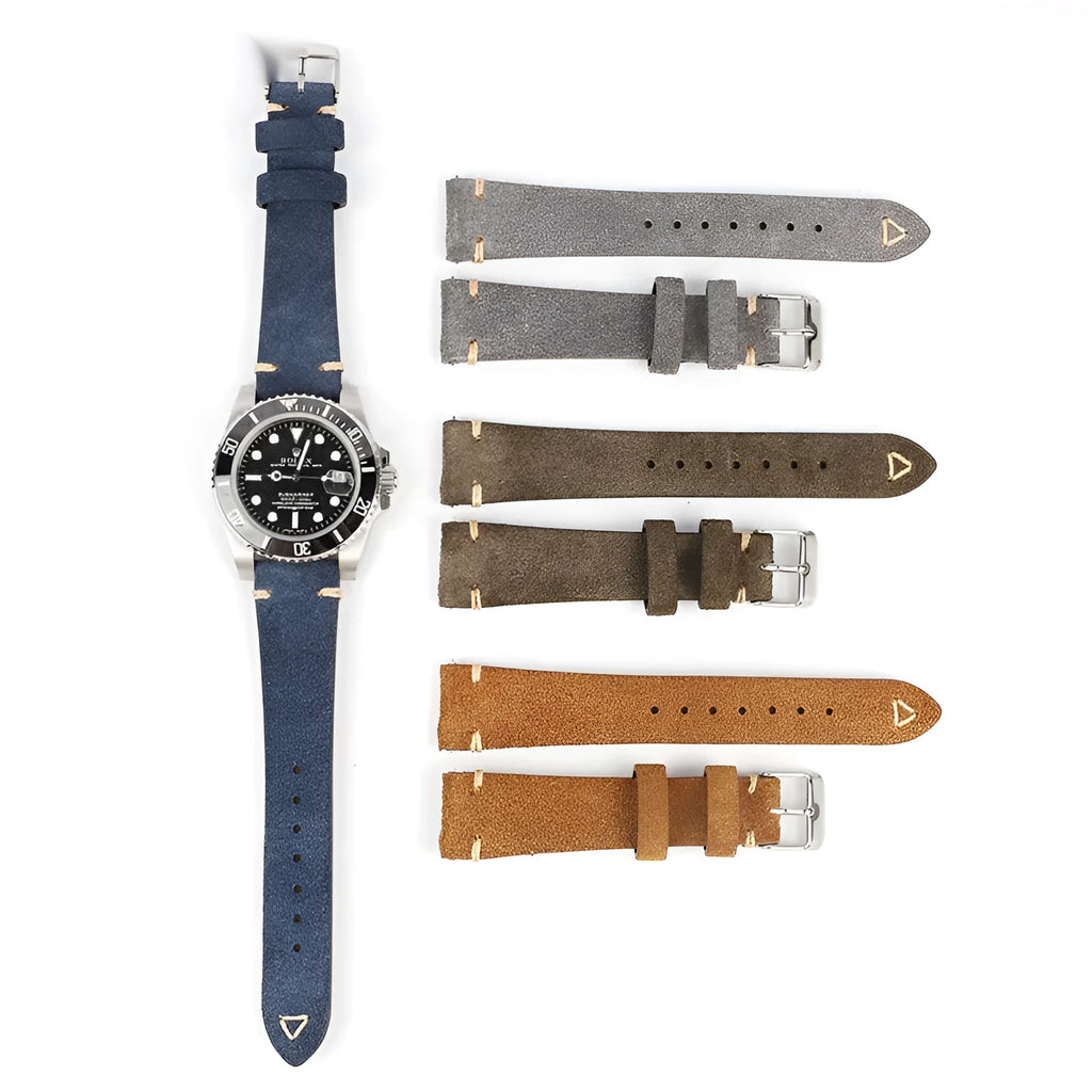Genuine suede leather watch strap in Army Green, showing texture and buckle, for 20mm or 22mm watches.