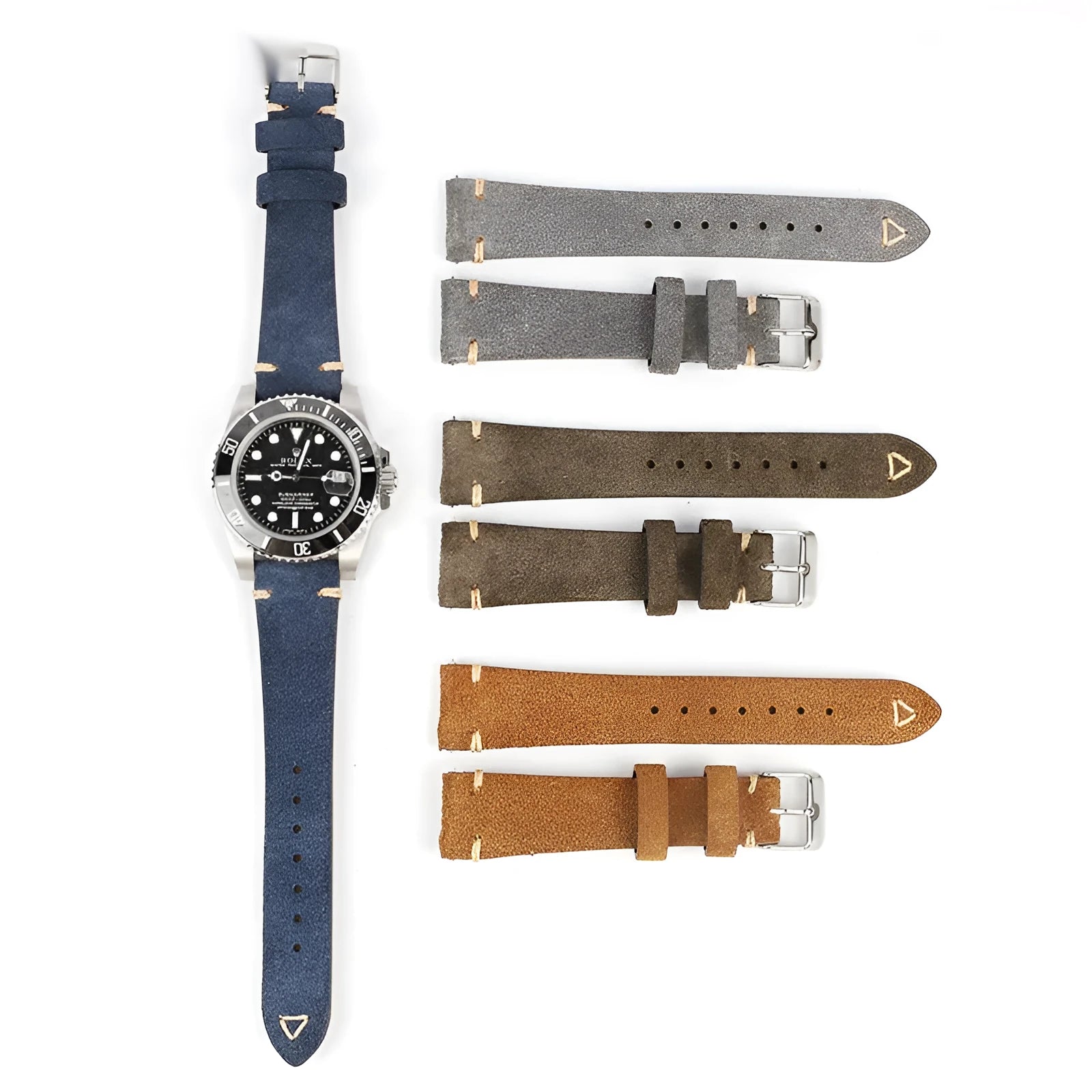 Genuine suede leather watch strap in Army Green, showing texture and buckle, for 20mm or 22mm watches.