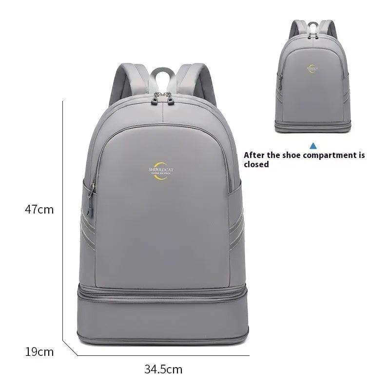 Large travel backpack with dry wet separation compartments and curved shoulder straps in beige colour