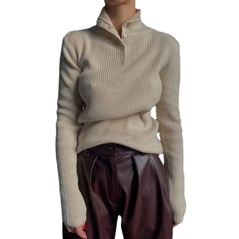 Retro breasted half turtleneck pullover sweater in slim fit with core-spun yarn fabric