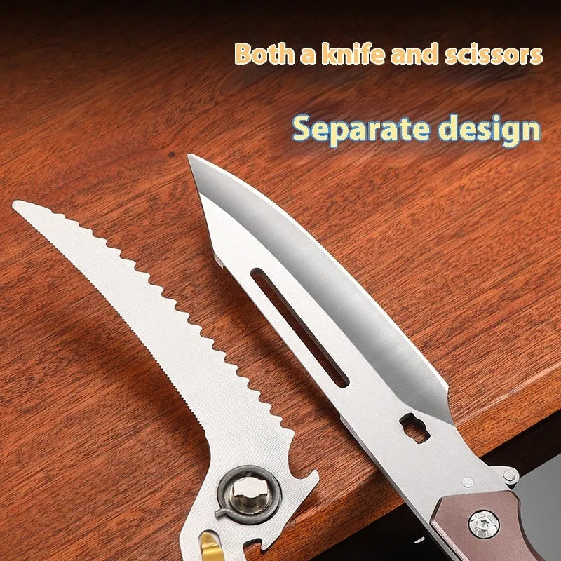 Household multi-functional chicken bone scissors stainless steel kitchen food scissors brown and silver