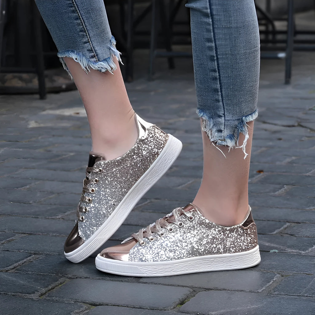 Women's black, pink and gold sequin casual low-top lace-up shoes with round toe and rubber sole.