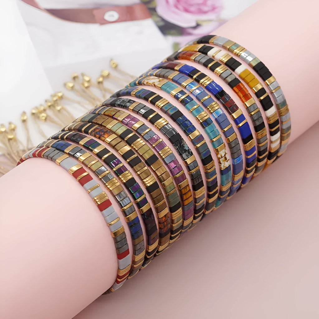 Hand-woven glass bracelet with retro geometric beaded design, style TL-B23091803B