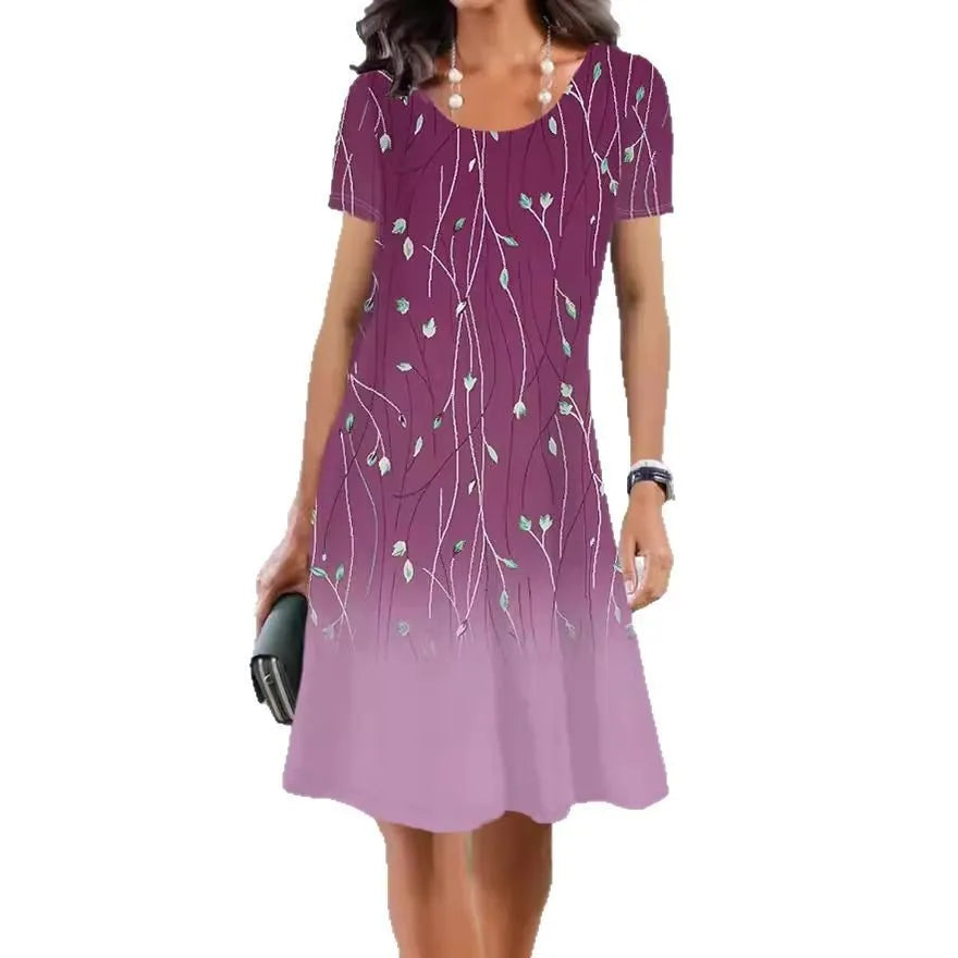 Women's floral printed Ice Silk A-line dress with short sleeves and round neck.