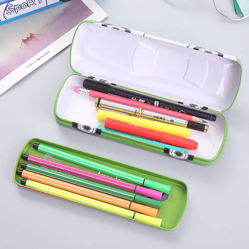 Tinplate racing car stationery box with cartoon patterns and double-layer design