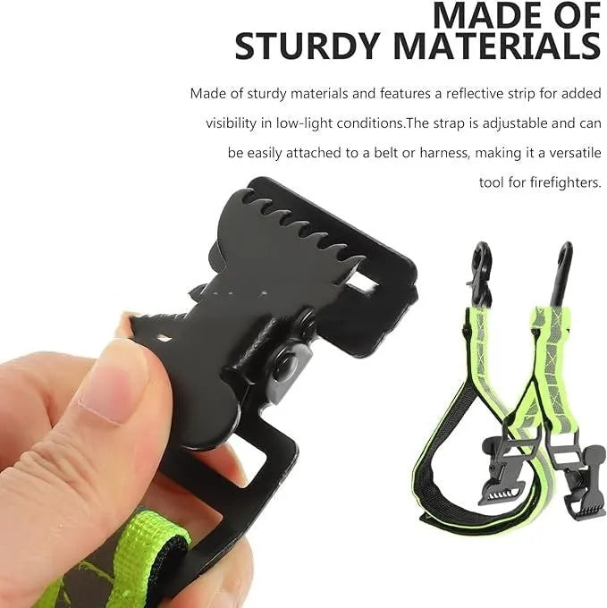 Fluorescent green metal buckle single clip for fireman gloves with reflective nylon lining.