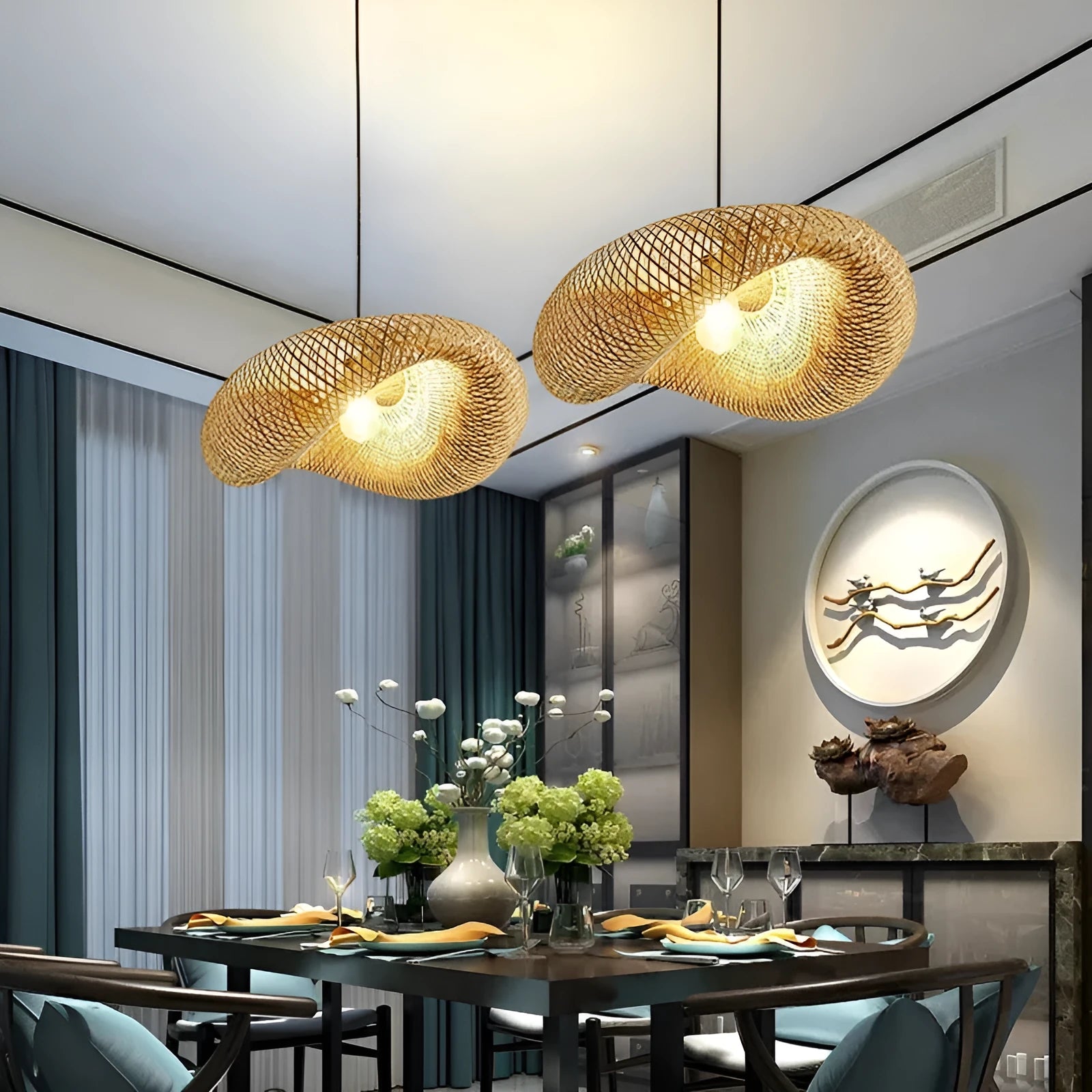 Bamboo woven straw hat-shaped hanging pendant lamp with warm white light.