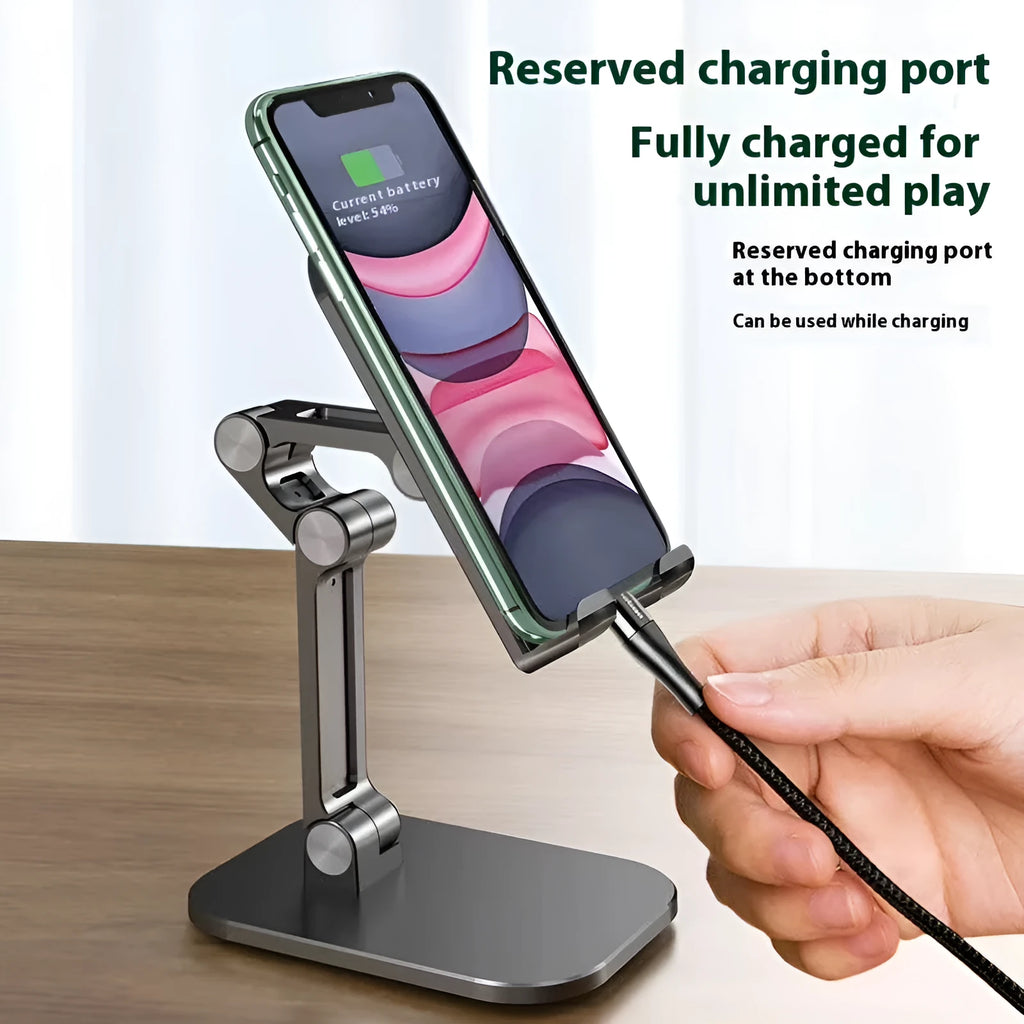 Universal metal folding phone holder in black, white or green with 360 rotating option for desk and car use