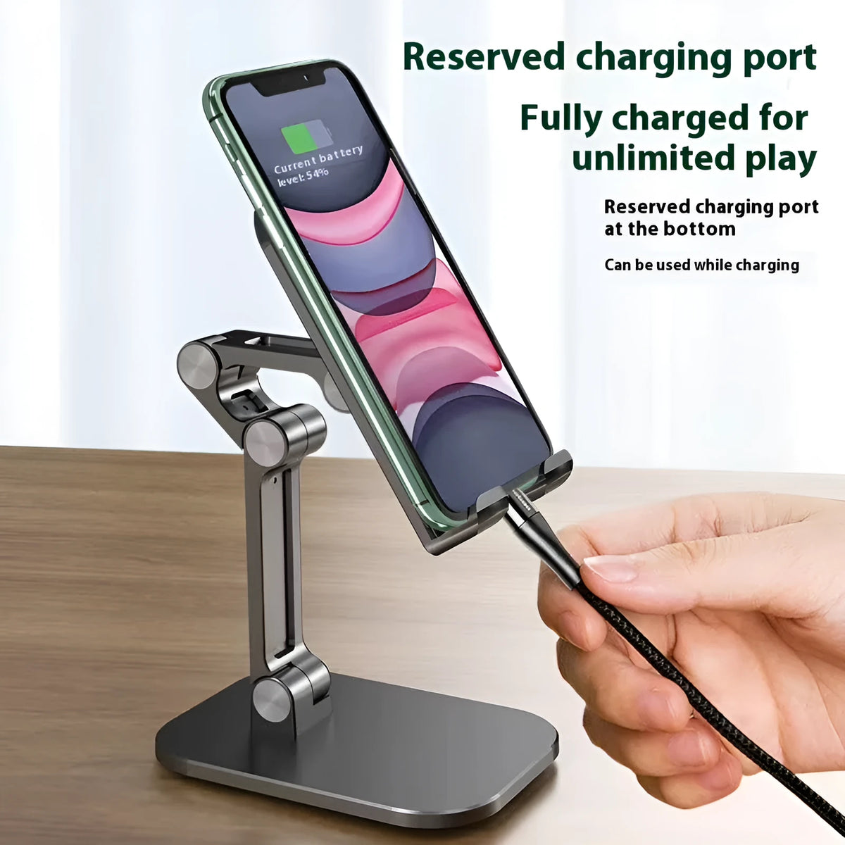 Universal metal folding phone holder in black, white or green with 360 rotating option for desk and car use