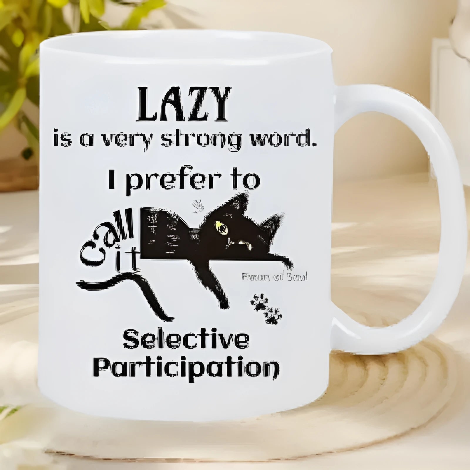 White ceramic mug with 11oz capacity featuring a creative picture design applied by thermal transfer.