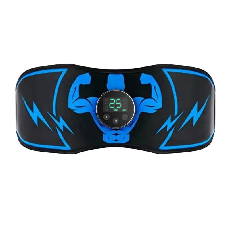 Blue rechargeable EMS abdominal massage belt with wireless remote control and fitness components
