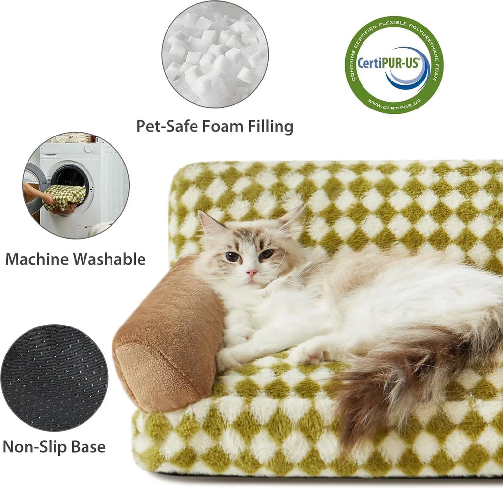 Checkered grey and white pet sofa bed for small dog or cat on wooden floor.