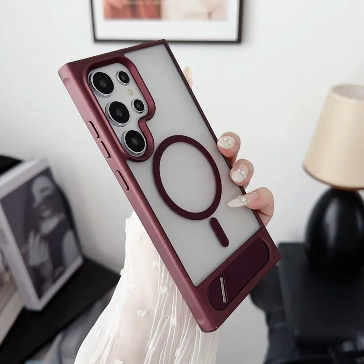 Samsung phone case with folding metal bracket, magnetic suction, and frosted skin-feeling finish