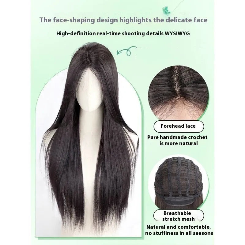 Female full-head wig with forehead lace construction in brown black synthetic high-temperature fibre