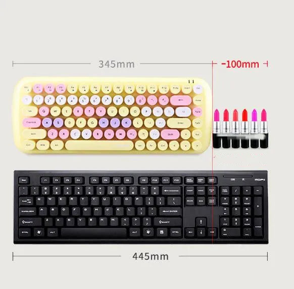 Mini wireless keyboard and mouse set in blue, green, pink, yellow, and milk tea colours on desk