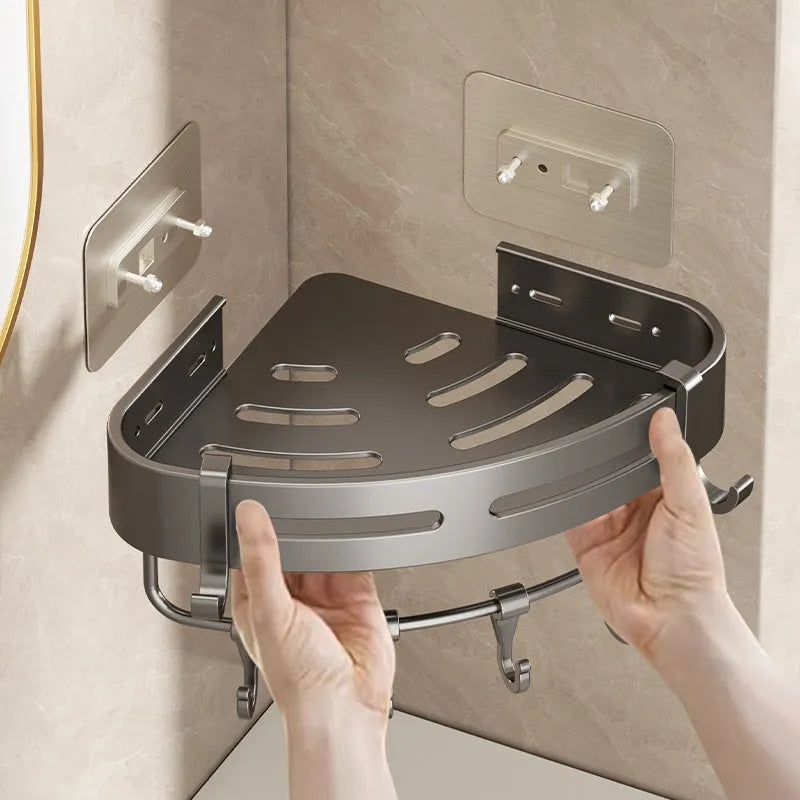Gun grey triangle-shaped bathroom shelf with adhesive wall mount and optional towel rod.