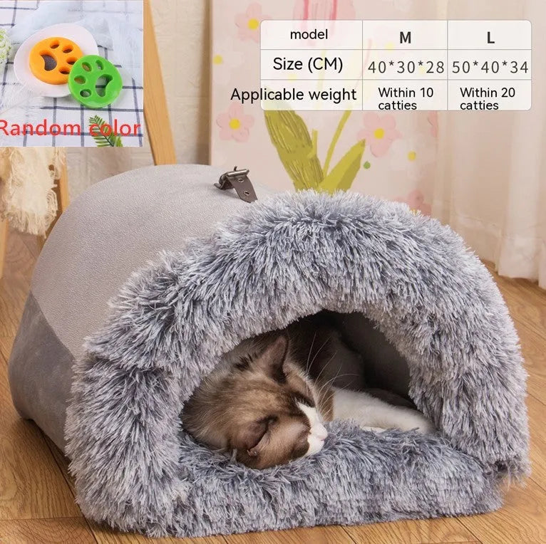 Splice portable pet nest in brown with semi-enclosed hood, soft plush fabric, M size