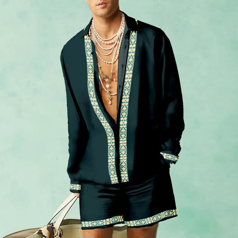 Men's slim-fit long sleeve shirt and matching shorts casual summer two-piece set