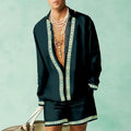Men's slim-fit long sleeve shirt and matching shorts casual summer two-piece set