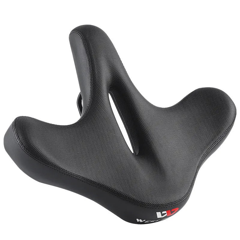 Black leather bicycle saddle cushion with polyurethane foam padding on a bike seat.