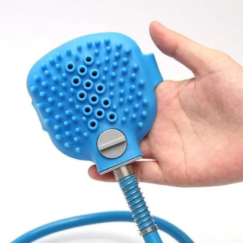 Blue pet bathing tool with silicone massage glove and 7.5ft hose for dogs