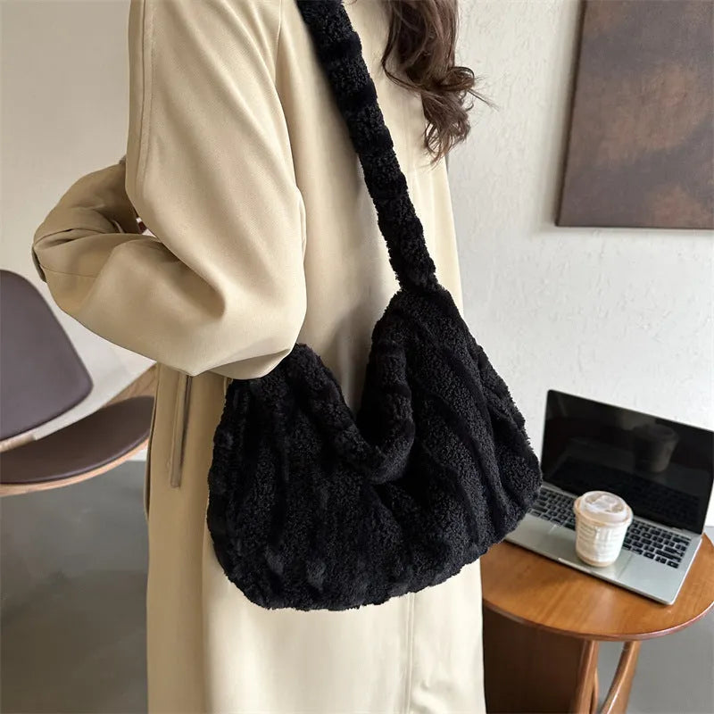 Large-capacity striped plush tote shoulder bag for women in winter, available in multiple colours
