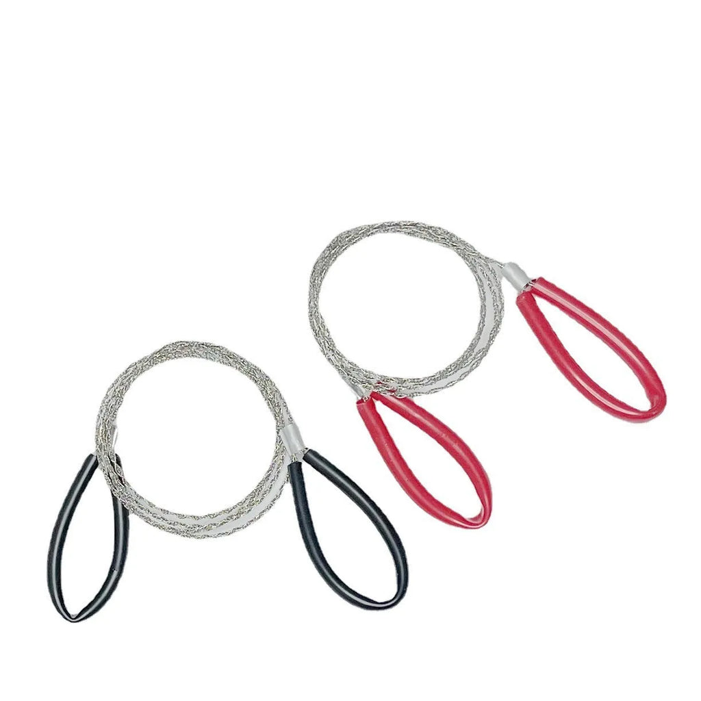 Outdoor survival hand wire saw with leather case, showing coiled stainless steel cutting line.