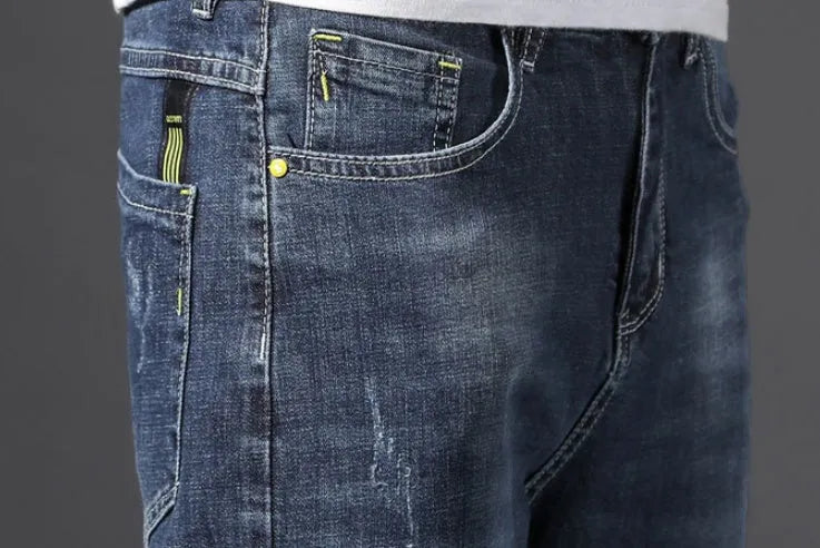 Nine Cent stretch and trim men's jeans straight leg Korean style cotton trousers in blue with washed grinding white finish