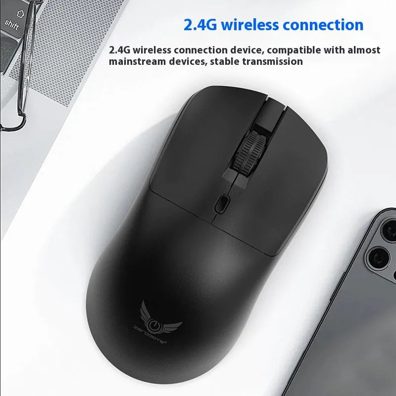 Black wireless computer mouse with three buttons including audio feedback feature