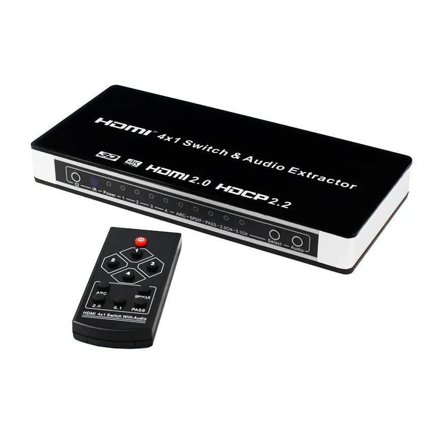 Black HDMI switch unit with four input ports, remote control, and 10m cable for video switching