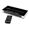 Black HDMI switch unit with four input ports, remote control, and 10m cable for video switching